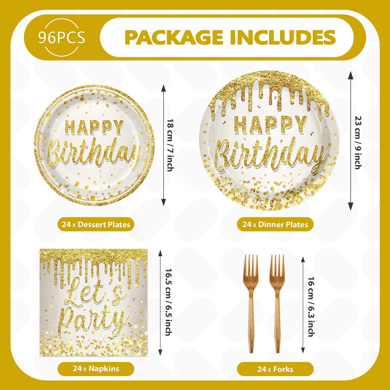 96 Pcs Gold Glitter Birthday Party Plates and Napkins - Grencian