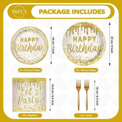 96 Pcs Gold Glitter Birthday Party Plates and Napkins - Grencian