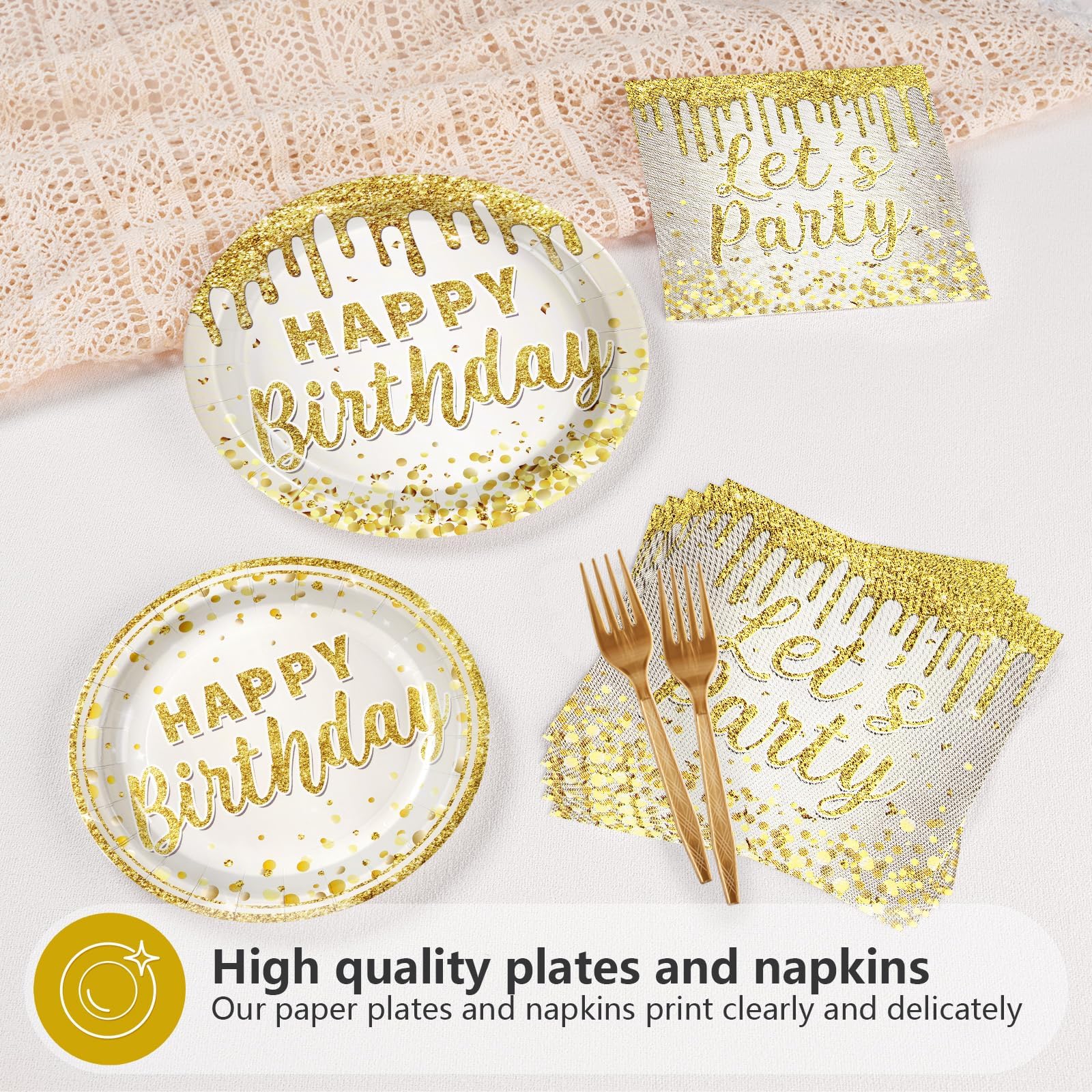 96 Pcs Gold Glitter Birthday Party Plates and Napkins - Grencian