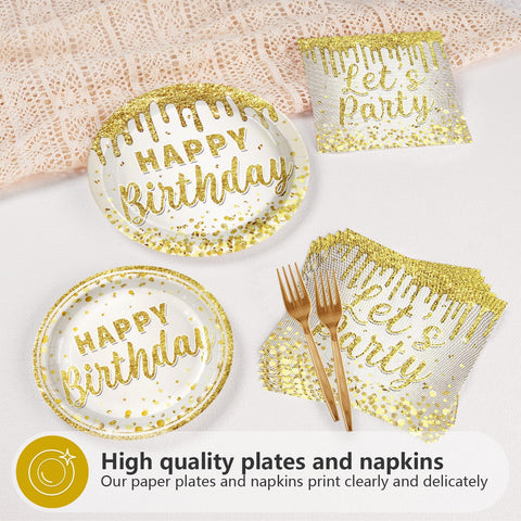 96 Pcs Gold Glitter Birthday Party Plates and Napkins - Grencian