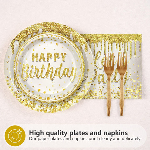 96 Pcs Gold Glitter Birthday Party Plates and Napkins - Grencian