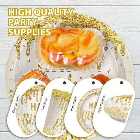 96 Pcs Gold Glitter Birthday Party Plates and Napkins - Grencian