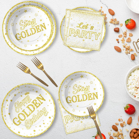 96 Pcs Golden Birthday Party Plates and Napkins - Grencian