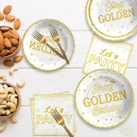 96 Pcs Golden Birthday Party Plates and Napkins - Grencian