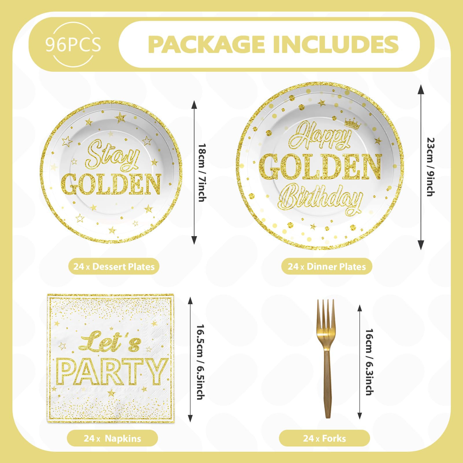 96 Pcs Golden Birthday Party Plates and Napkins - Grencian