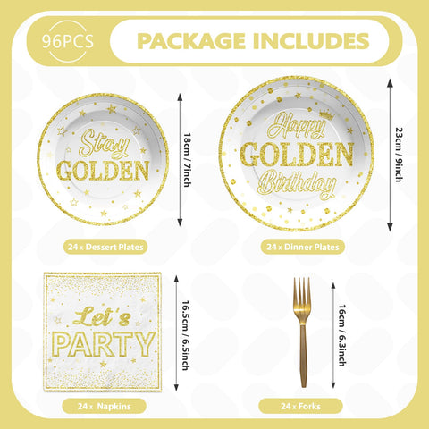 96 Pcs Golden Birthday Party Plates and Napkins - Grencian