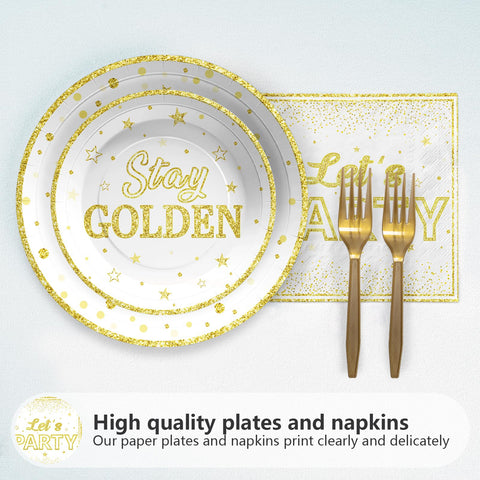 96 Pcs Golden Birthday Party Plates and Napkins - Grencian