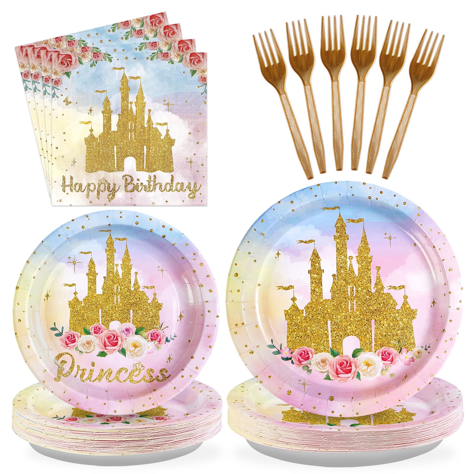 96 Pcs Golden Castle Birthday Party Plates and Napkins - Grencian