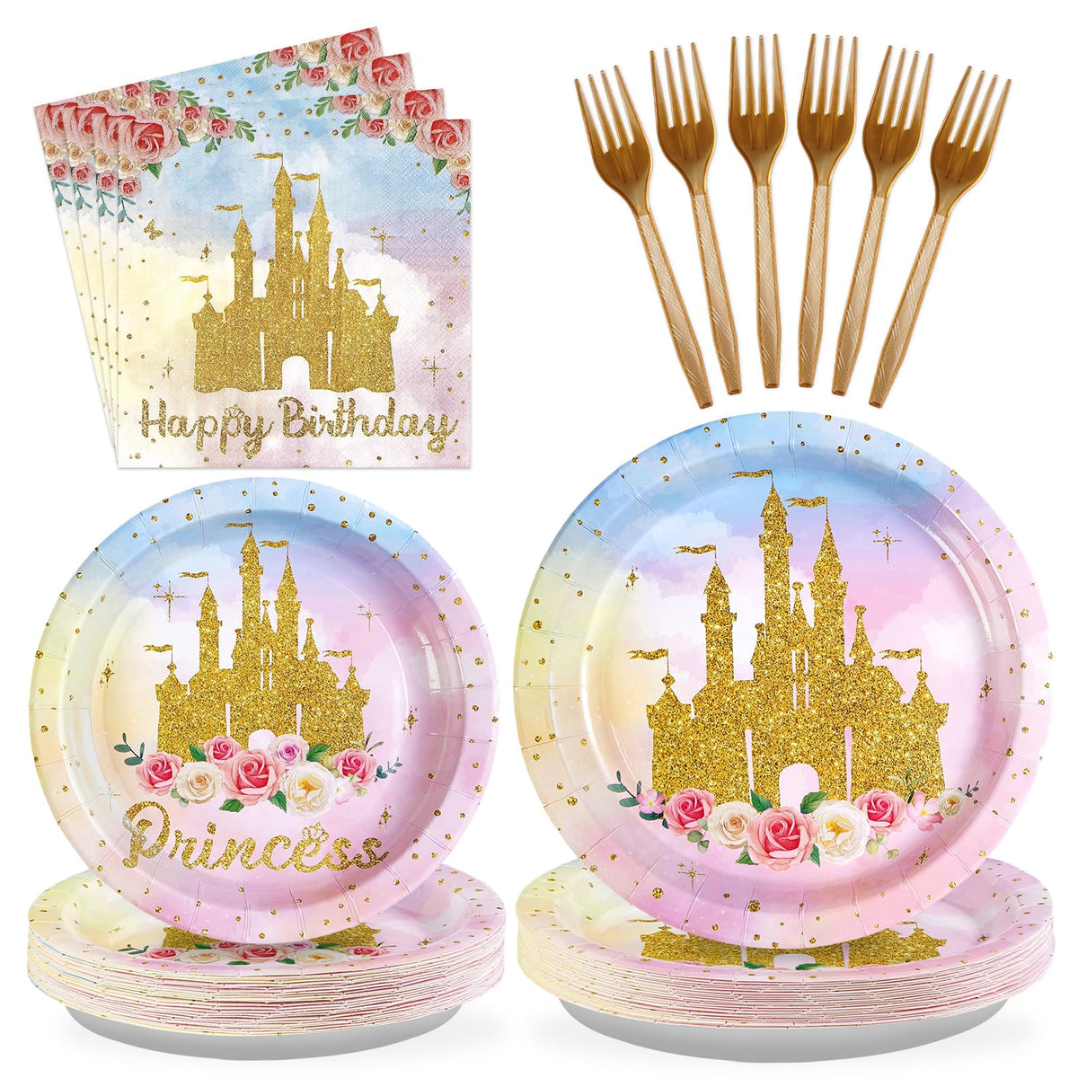96 Pcs Golden Castle Birthday Party Plates and Napkins - Grencian