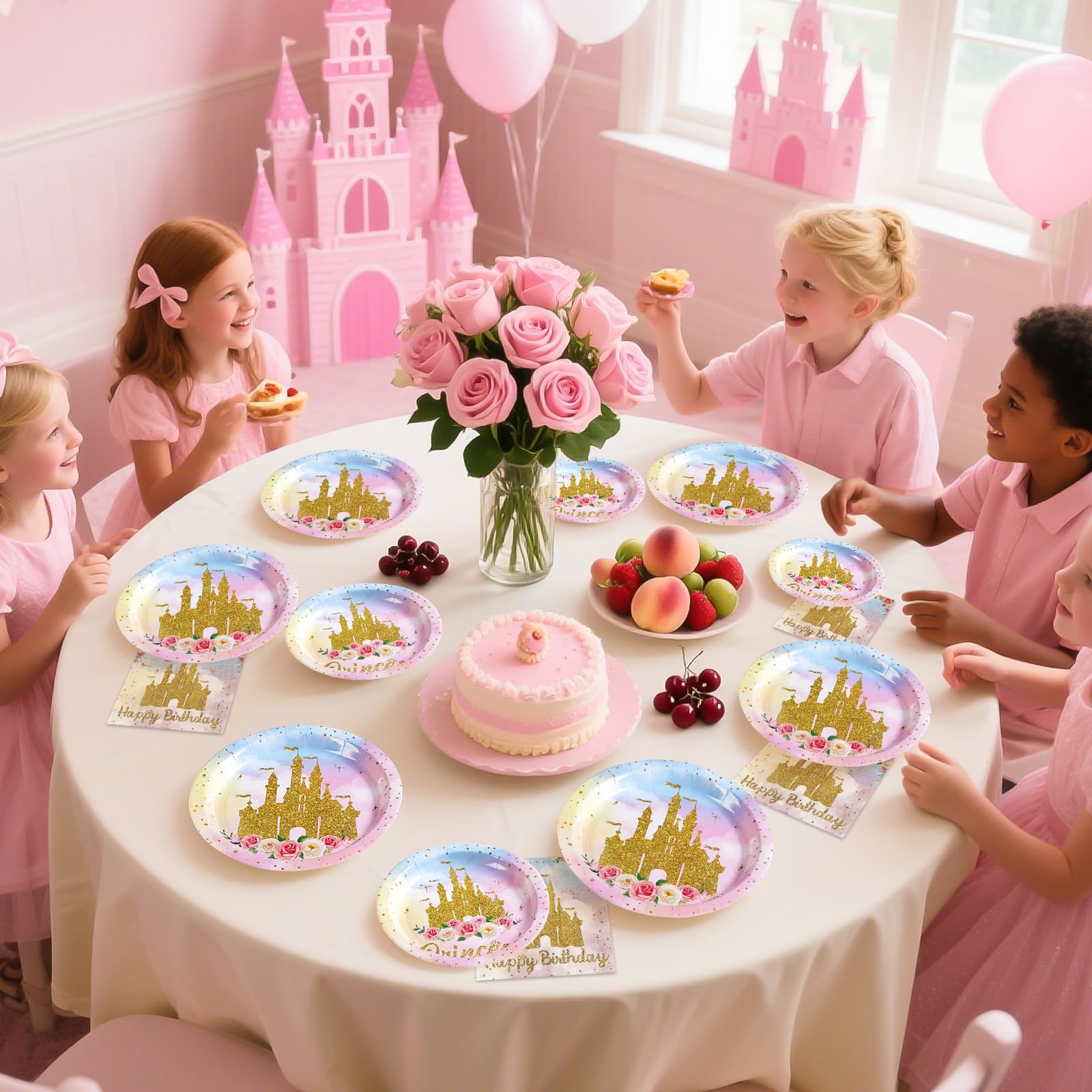 96 Pcs Golden Castle Birthday Party Plates and Napkins - Grencian