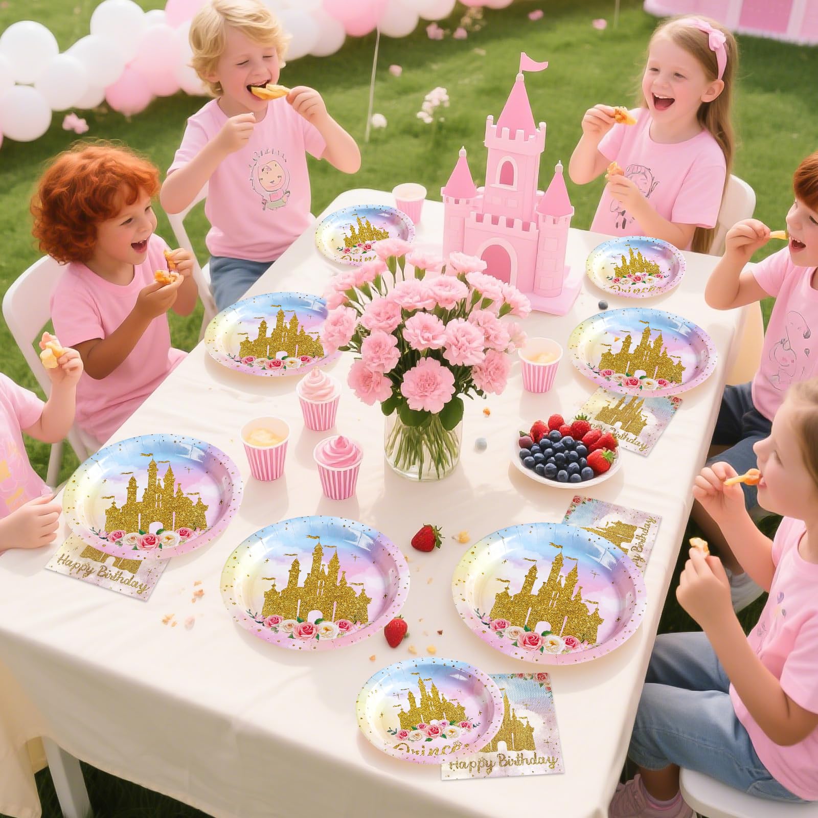 96 Pcs Golden Castle Birthday Party Plates and Napkins - Grencian