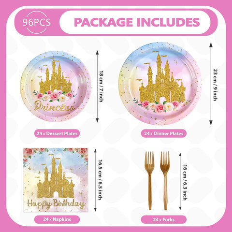 96 Pcs Golden Castle Birthday Party Plates and Napkins - Grencian