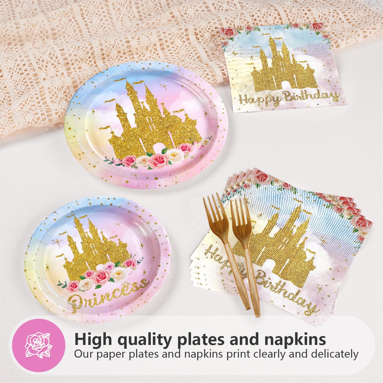 96 Pcs Golden Castle Birthday Party Plates and Napkins - Grencian