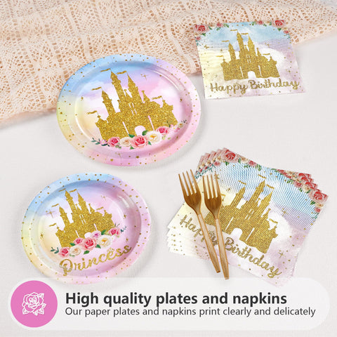 96 Pcs Golden Castle Birthday Party Plates and Napkins - Grencian