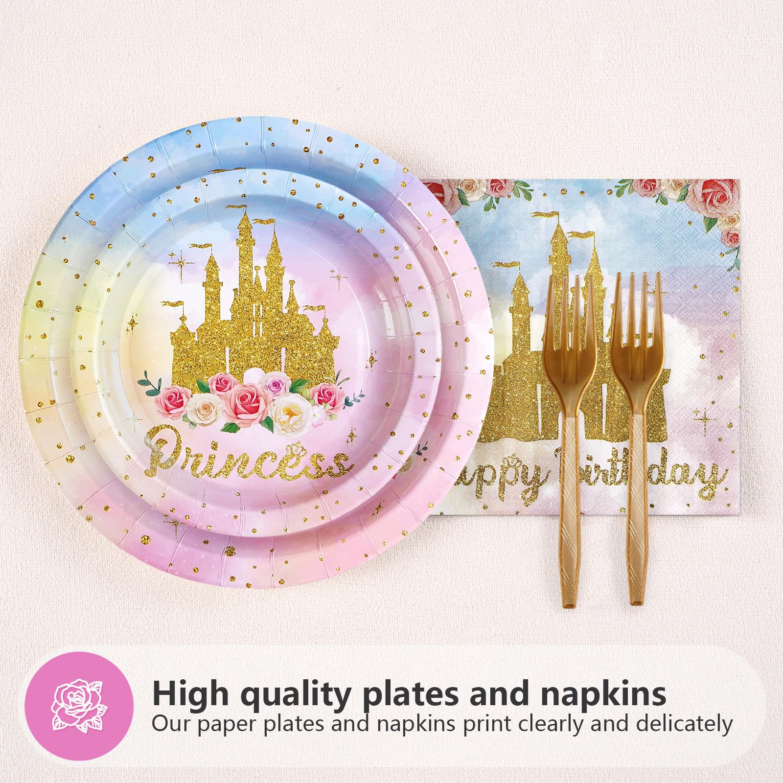 96 Pcs Golden Castle Birthday Party Plates and Napkins - Grencian