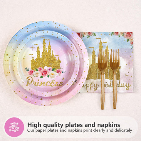 96 Pcs Golden Castle Birthday Party Plates and Napkins - Grencian
