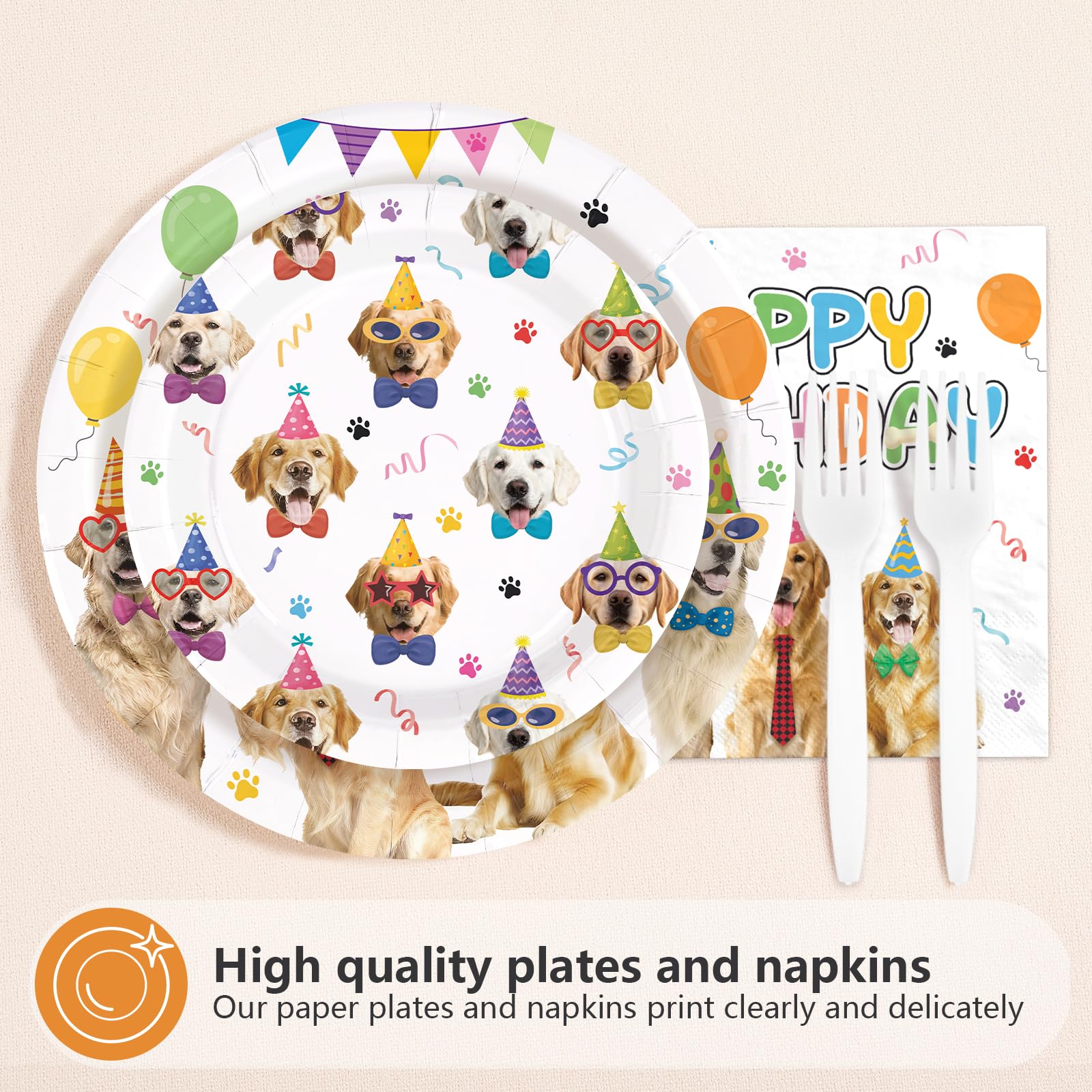 96 Pcs Golden Retriever Birthday Party Plates and Napkins - Grencian