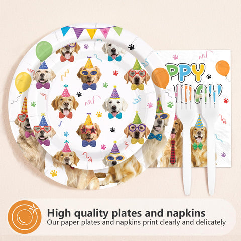 96 Pcs Golden Retriever Birthday Party Plates and Napkins - Grencian