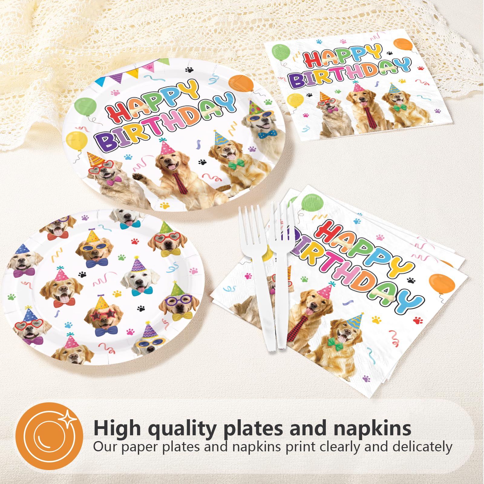 96 Pcs Golden Retriever Birthday Party Plates and Napkins - Grencian
