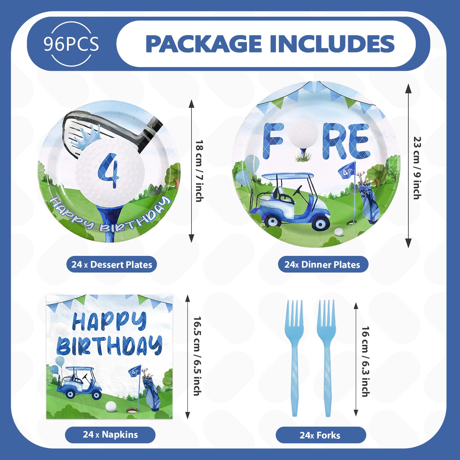 96 Pcs Golf 4th Birthday Party Plates and Napkins - Grencian
