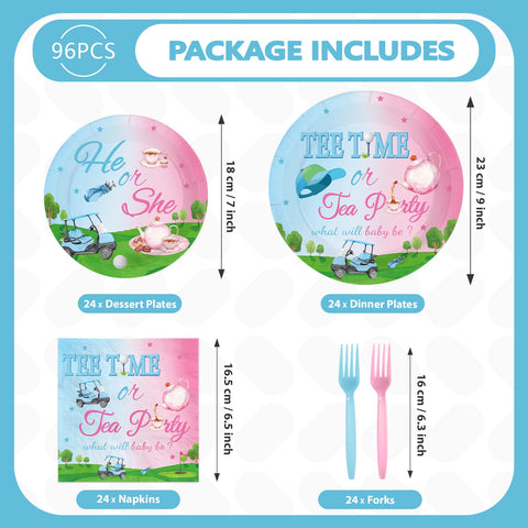 96-teiliges Golf-Gender-Reveal-Party-Set mit Tellern und Servietten