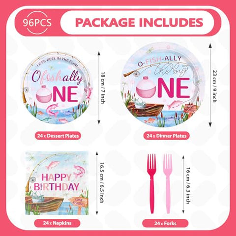 96 Pcs Gone Fishing 1st Birthday Party Plates and Napkins