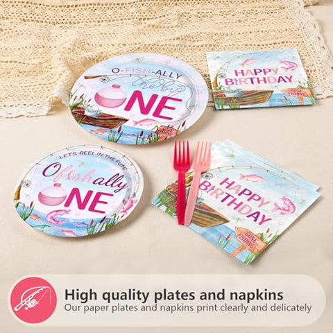 96 Pcs Gone Fishing 1st Birthday Party Plates and Napkins