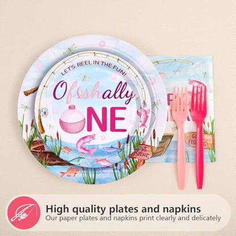 96 Pcs Gone Fishing 1st Birthday Party Plates and Napkins