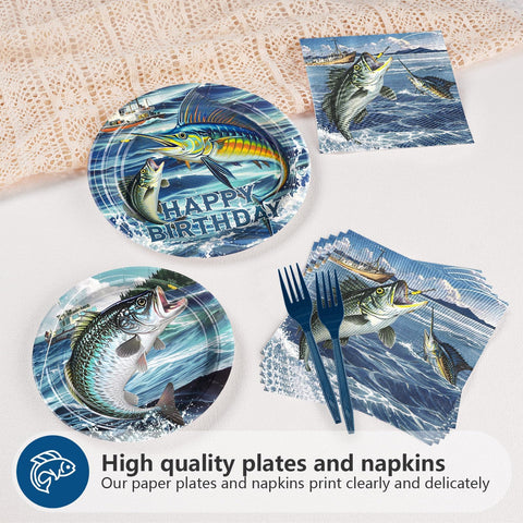 96 Pcs Gone Fishing Birthday Party Plates and Napkins - Grencian