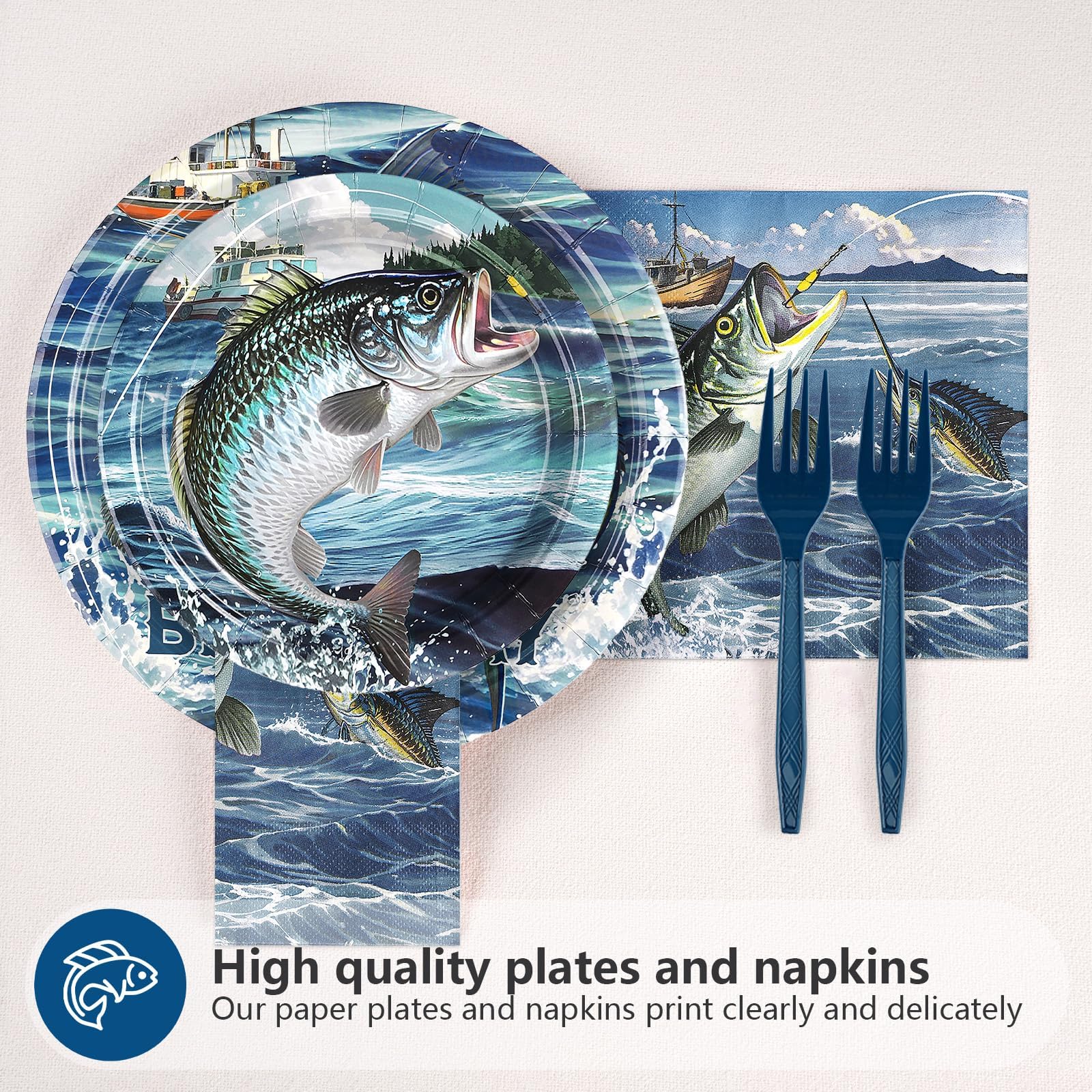 96 Pcs Gone Fishing Birthday Party Plates and Napkins - Grencian