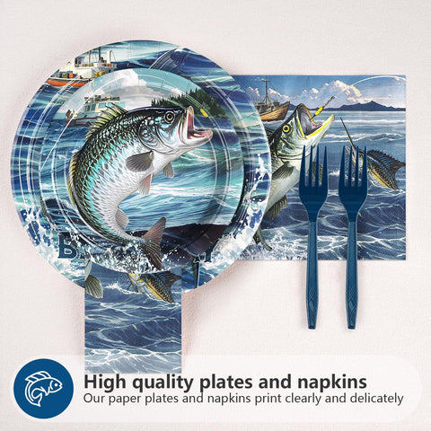 96 Pcs Gone Fishing Birthday Party Plates and Napkins - Grencian