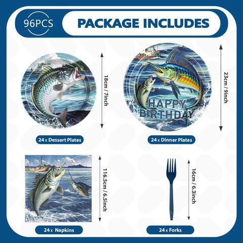 96 Pcs Gone Fishing Birthday Party Plates and Napkins - Grencian
