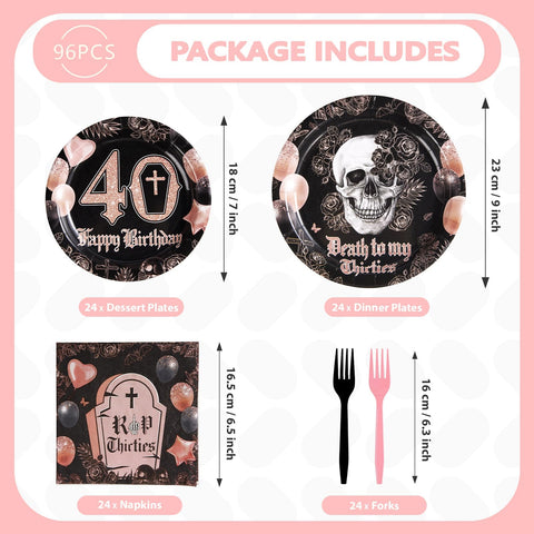 96 Pcs Gothic 40th Birthday Party Plates and Napkins - Grencian