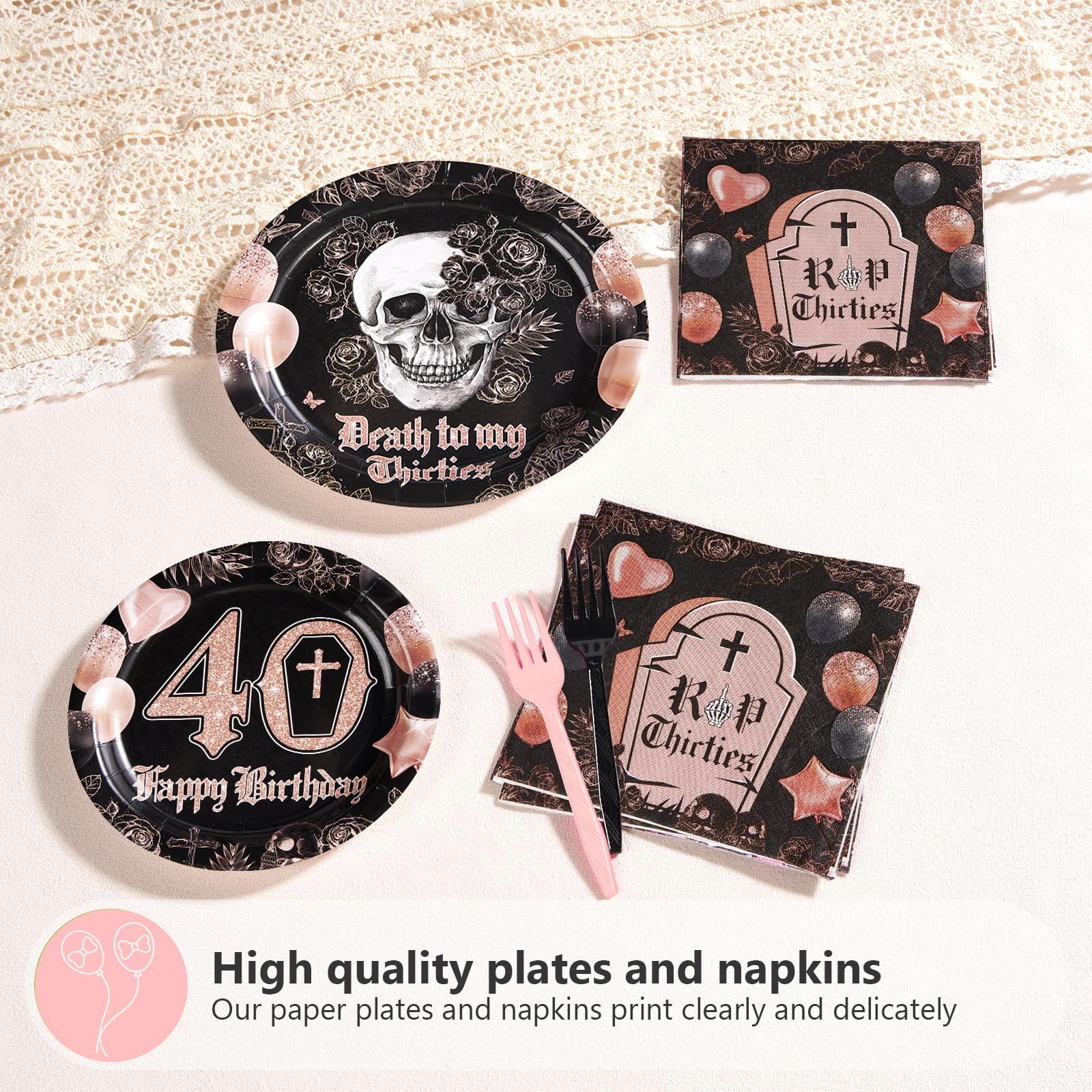 96 Pcs Gothic 40th Birthday Party Plates and Napkins - Grencian