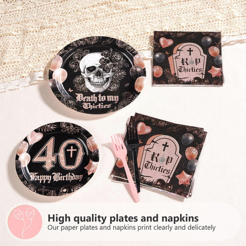 96 Pcs Gothic 40th Birthday Party Plates and Napkins - Grencian