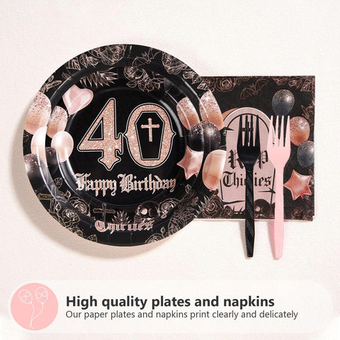 96 Pcs Gothic 40th Birthday Party Plates and Napkins - Grencian