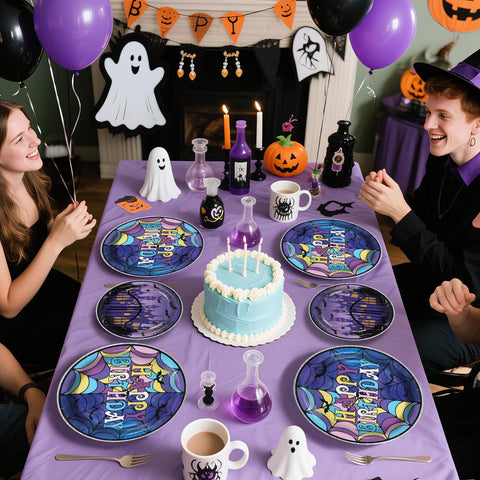 96 Pcs Gothic Purple Halloween Party Plates and Napkins - Grencian
