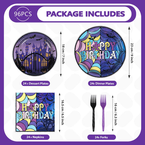 96 Pcs Gothic Purple Halloween Party Plates and Napkins - Grencian