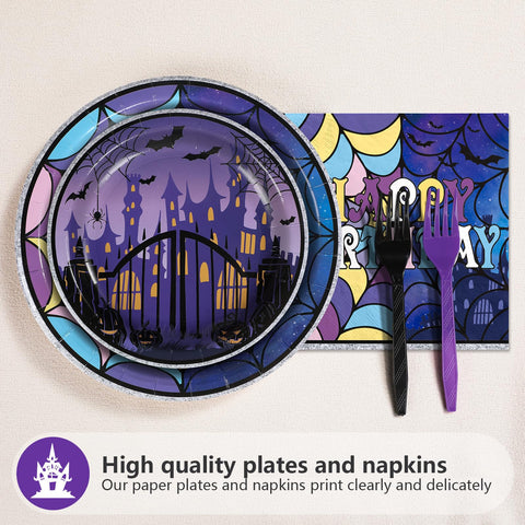 96 Pcs Gothic Purple Halloween Party Plates and Napkins - Grencian
