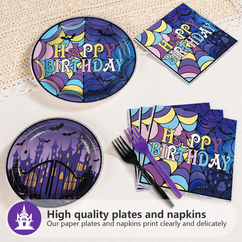 96 Pcs Gothic Purple Halloween Party Plates and Napkins - Grencian