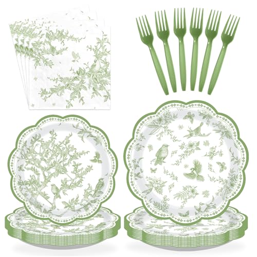 96 Pcs Green Bird Floral Scalloped Party Plates and Napkins - Grencian
