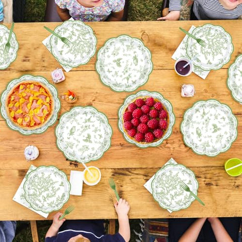96 Pcs Green Bird Floral Scalloped Party Plates and Napkins - Grencian