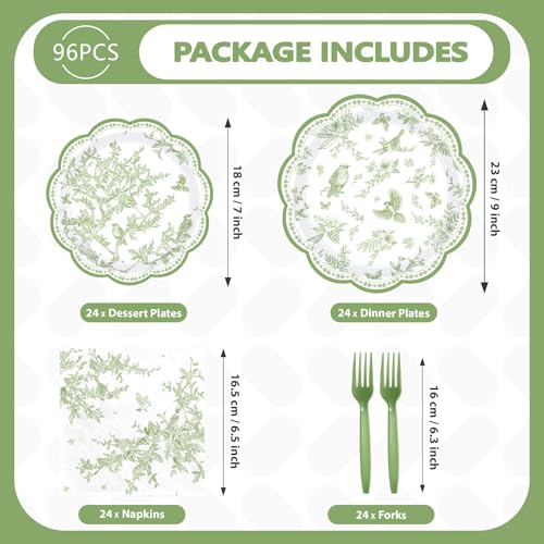 96 Pcs Green Bird Floral Scalloped Party Plates and Napkins - Grencian