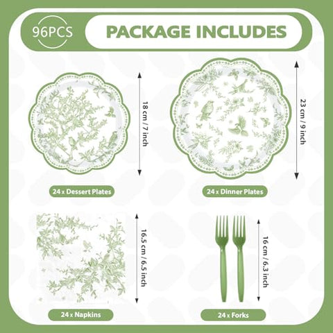 96 Pcs Green Bird Floral Scalloped Party Plates and Napkins - Grencian