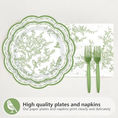 96 Pcs Green Bird Floral Scalloped Party Plates and Napkins - Grencian