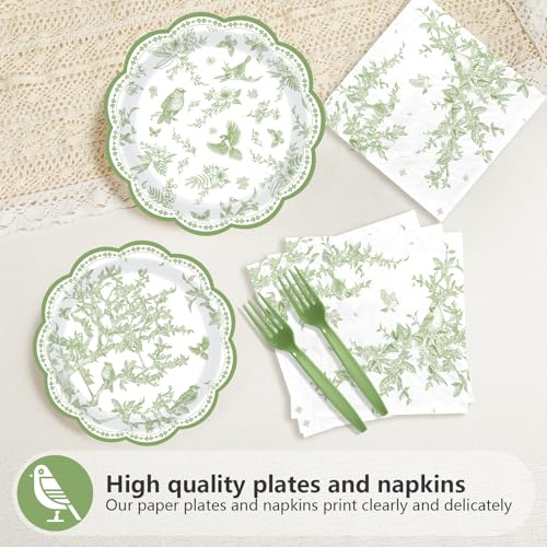 96 Pcs Green Bird Floral Scalloped Party Plates and Napkins - Grencian