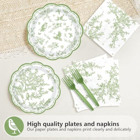 96 Pcs Green Bird Floral Scalloped Party Plates and Napkins - Grencian