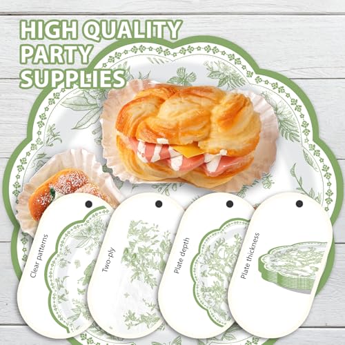 96 Pcs Green Bird Floral Scalloped Party Plates and Napkins - Grencian