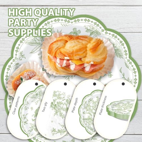 96 Pcs Green Bird Floral Scalloped Party Plates and Napkins - Grencian