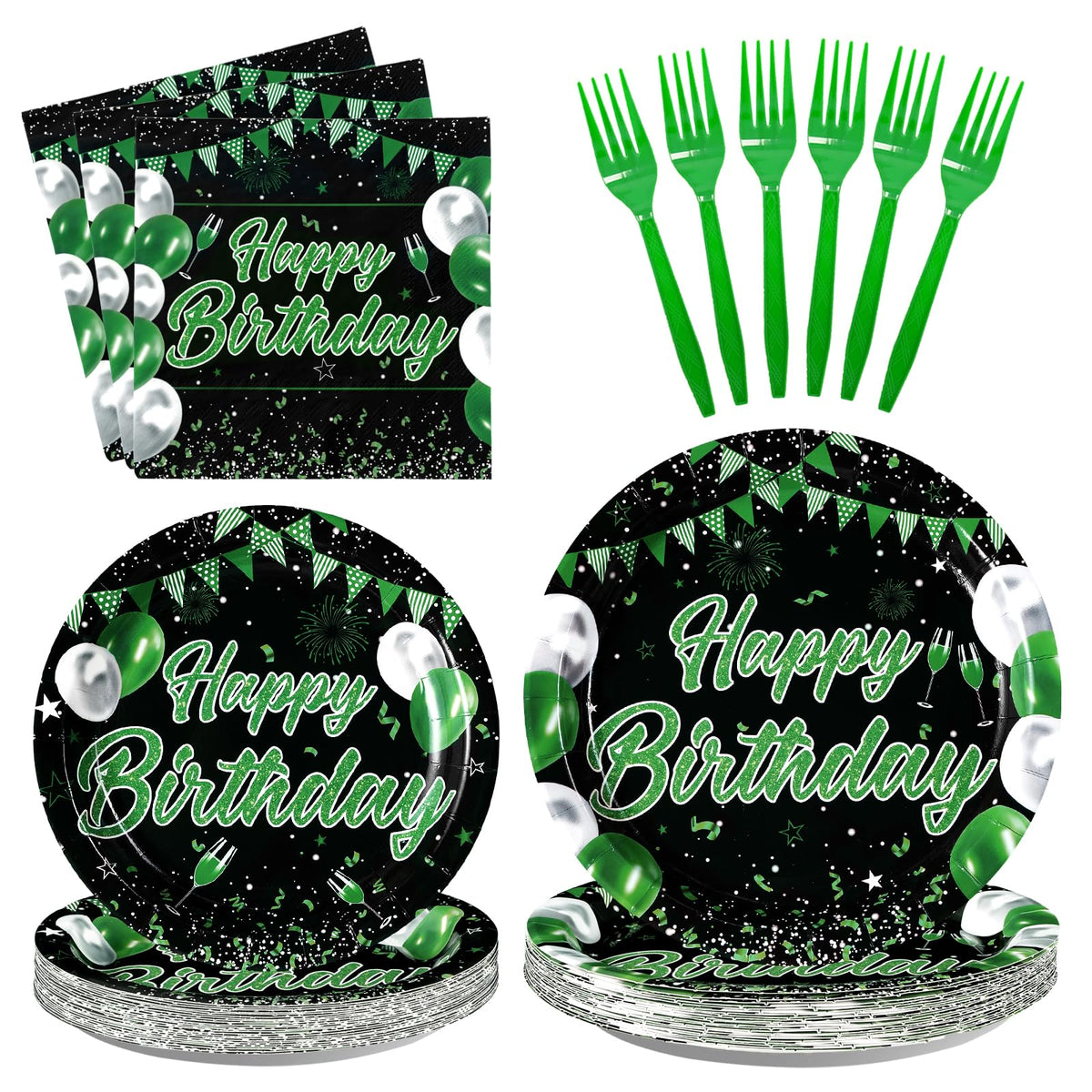 96 Pcs Green Black Birthday Party Plates and Napkins - Grencian